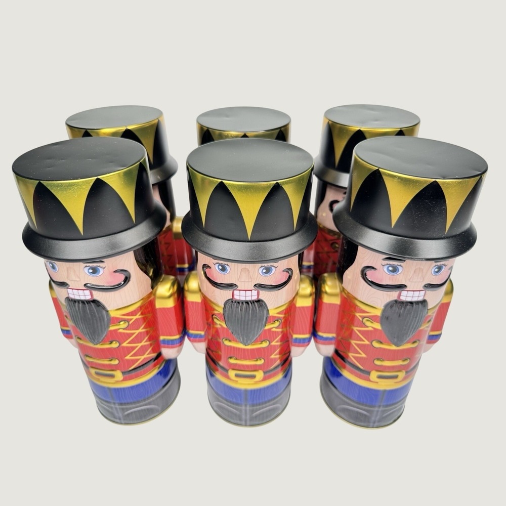 Lot of 6 Christmas Nutcracker Soldier Tin Canisters 8" Removable Hat Lids